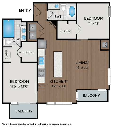 Floor plan for 2 beds, 2 baths, 1216 sqft